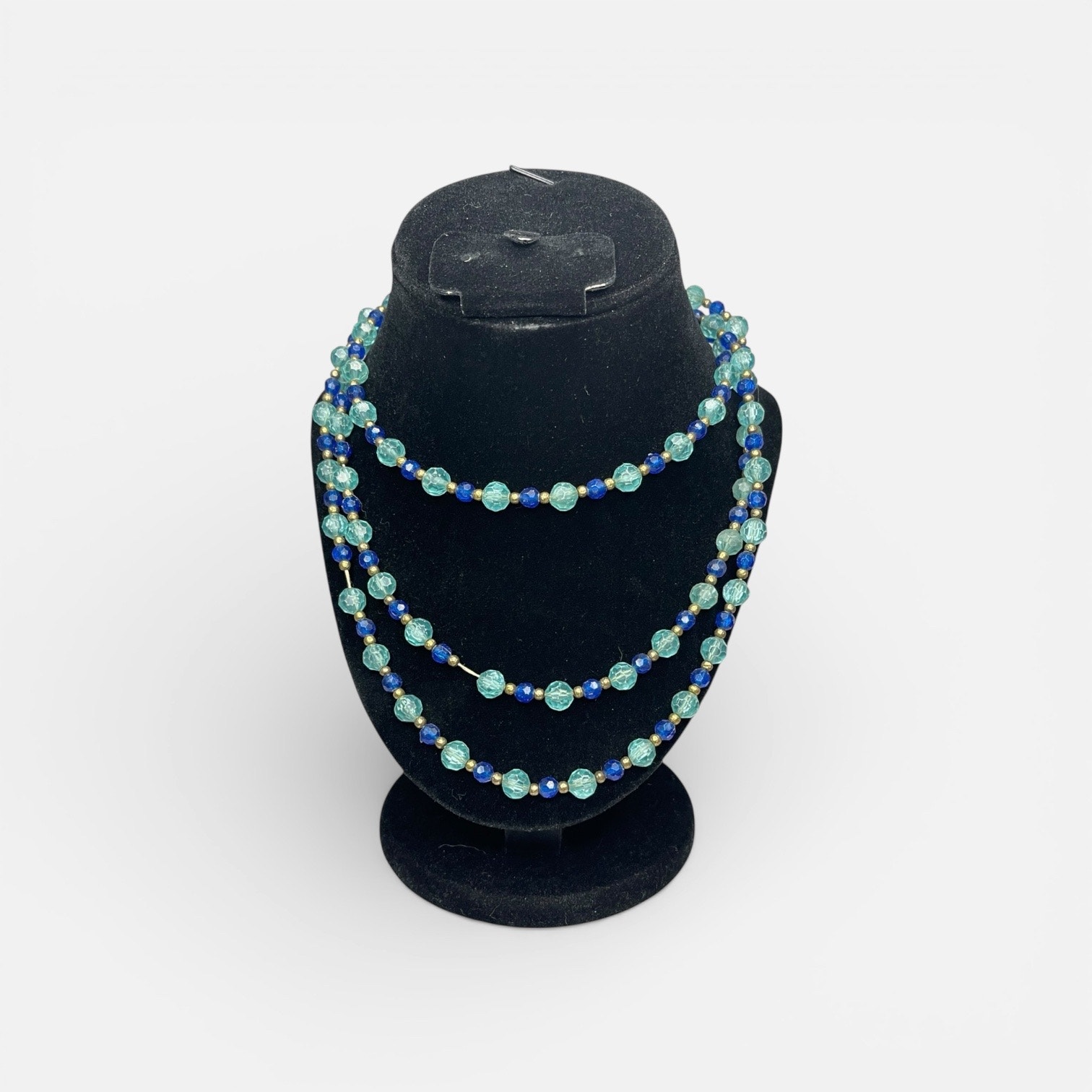 Vintage 36 Aqua Blue Lucite Bead Necklace Cobalt Gold Long Strand 25$